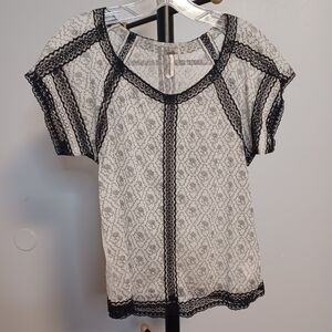 Free People Sheer Cream & Black Lace Short Sleeve Top